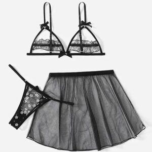 3pack Daisy Floral Pattern Sheer Mesh Lingerie Set